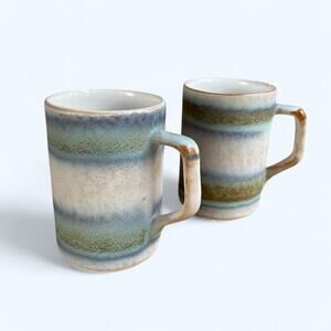 VINTAGE SET HAND MADE IRELAND BLUE GREEN GLAZED Coffee Mug Pair Watercolor 4.5”